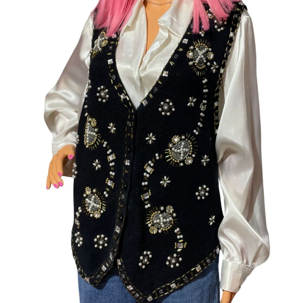 Vintage Yarnworks Holiday Black Sparkling Beaded Sweater Vest